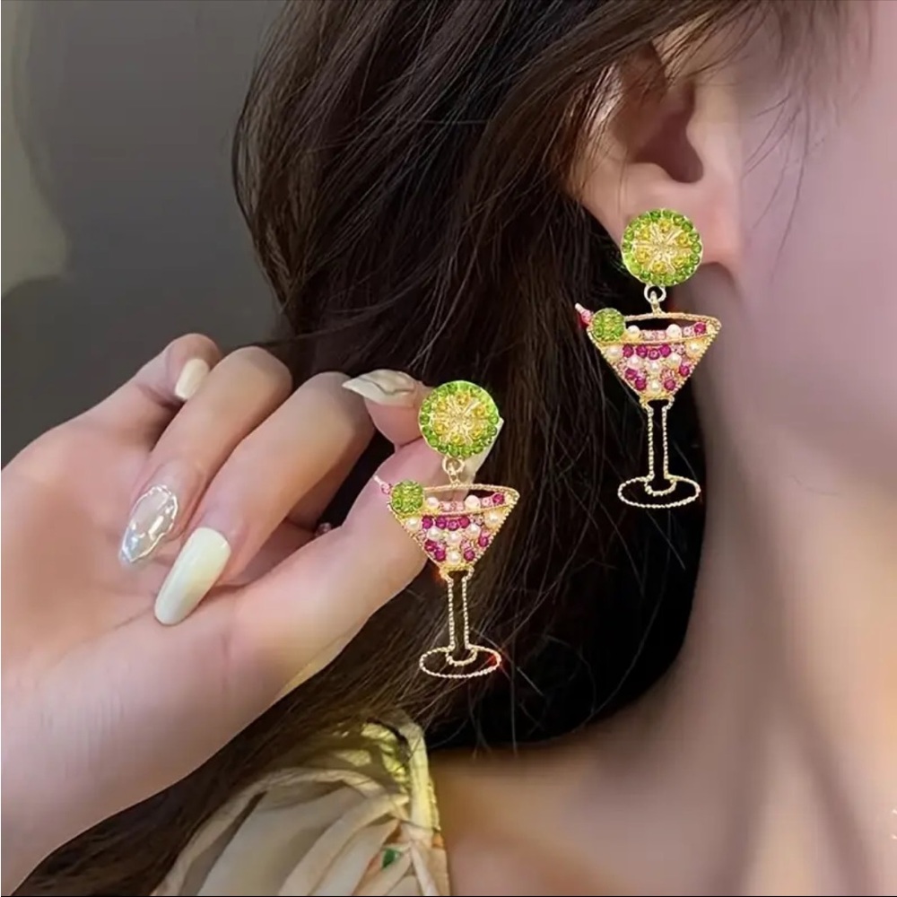 Pink Margarita Glass Earrings, Rhinestone Margarita Earrings,Wine Glass Earrings
